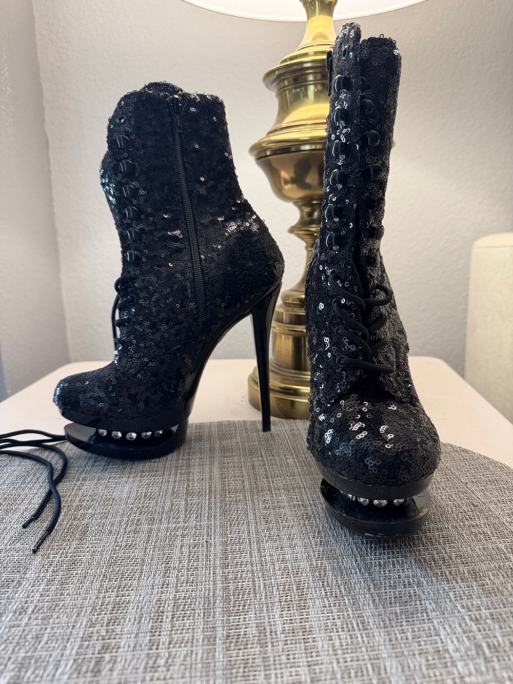 Pleaser Black Sequin Platform Lace-Up Stiletto Boots